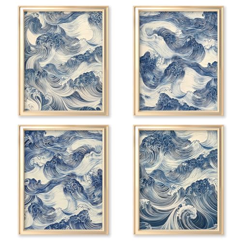 PRESSINART 4 Piezas 4 Estilos de Arte de Pared de Olas Azules Japonesas de 8 x 10 Pulgadas, Póster de Ola del Océano, Imágenes Orientales Japandi WABI Sabi para Decoración de Pared En Dormitorio