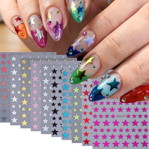 Star Nail Stickers for Nail Art 10 Colors Star Nail Decals Metallic Gold Silver Black White Star Nail Art Designs Y2K Style Self-Adhesive Nail Supplies Starligh DIY Sliders Manicure Decoration
