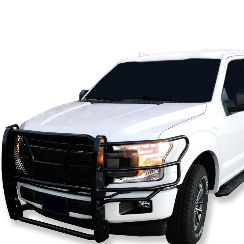 Image of Black Horse RUGGED Heavy Duty Grille Brush Bumper Guard Modular Black Come with 20 inch Double Row LED Light Compatible with 2015-2020 Ford F-150-RU-FOF115-B-KIT