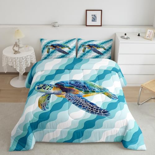 jejeloiu Ocean Bedding Set Toddler Size Kids Sea Turtle Comforter Cover for Boys Girls Teens Sky Blue Duvet Cover Breathable Soft Lightweight Microfiber Quilt Set