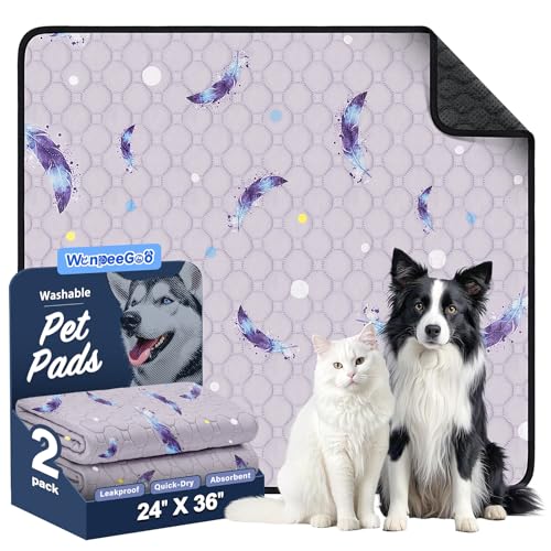 Image of WanpeeGoo Washable Pee Pads for Dogs, 2Pack Reusable Puppy Pads, Super Absorbent & Leakproof Dog Pads, Anti-Slip Dog Pee Pads for Puppy Training & Incontinence, Feather Pattern 24 inchx36 inch