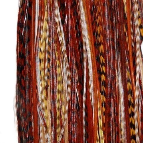 Feather Hair Extension – Earth Tone Remix With Dark Browns, Beige, and Grizzly Feathers, All Bonded Together at the Tip, Ranging From 6 to 12 Inches in Length, With a Total of 5 Feathers