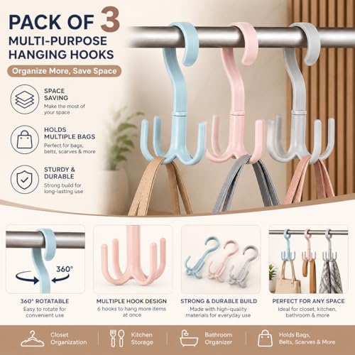 Image of Heda Multi-Function 360 Rotatable 4-Claw Hook Hangers | Space Saving Closet Organizer for Clothes, Bags & Accessories | Multicolor (3)