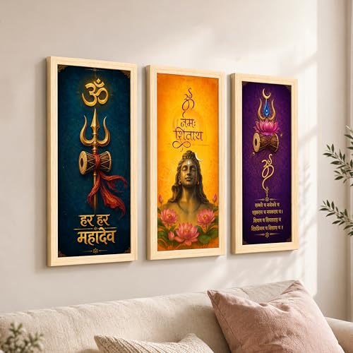 Image of Lord Shiva Framed Wall Art Paintings for Living Room, Set of 3 Mahadev wall art Poster with Trishul & Damru Painting, Indian Religious Vastu for Living Room, Home & Office (Size 24x48)