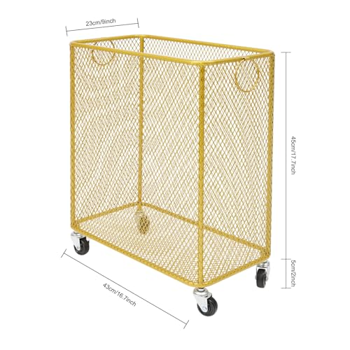 Image of Wire Metal Rolling Laundry Basket On Wheels,Gold Mesh Wire Laundry Basket Storage Cart for Bathroom Bedroom Dirty Clothes Storage (I)