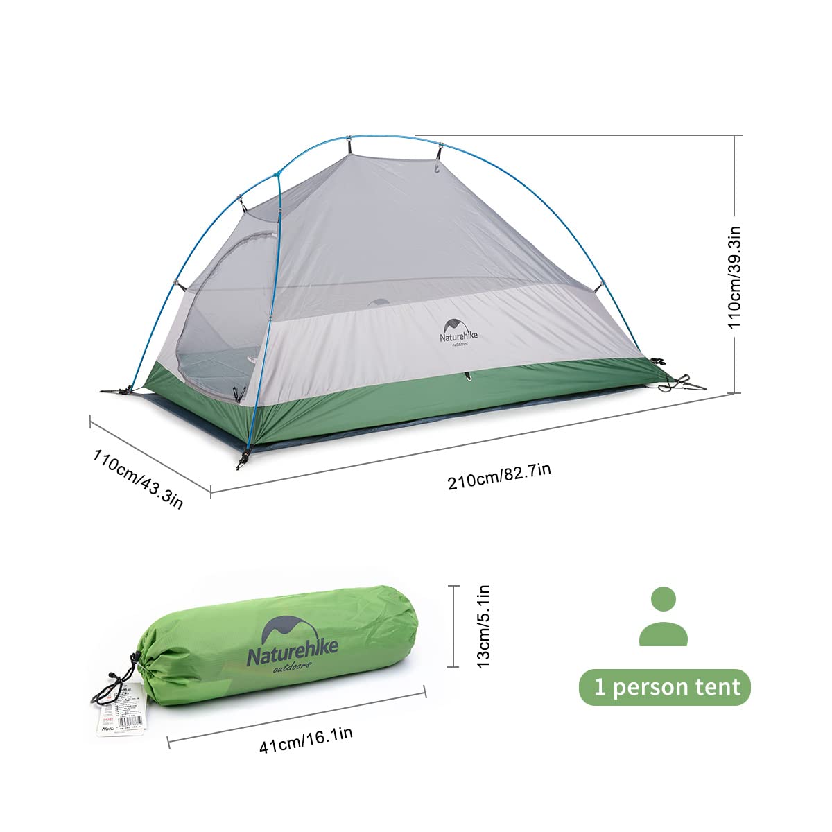 Naturehike Cloud up 1 Persona Carpa para Mochileros para Carpa de Cúpula Ligera para Acampar y Senderismo para 1 Hombre(Actualización Verde 210T)