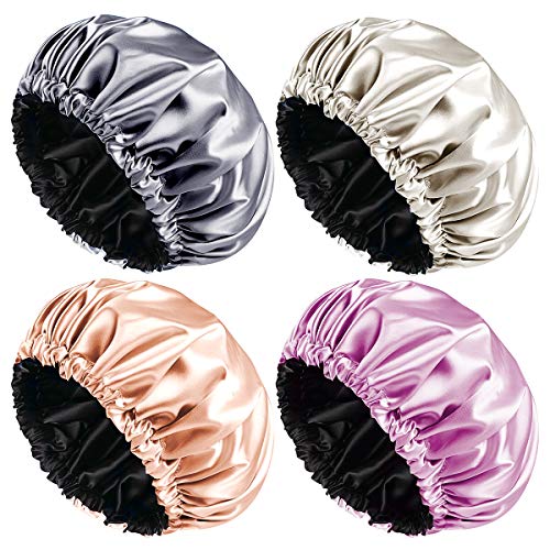 Aquior Shower Cap, 4-Pack Bathing Reusable Shower Caps for Long Hair Women, Double Layers Premium Sumptuous Silky Satin 100% Waterproof Shower Cap Extra Large