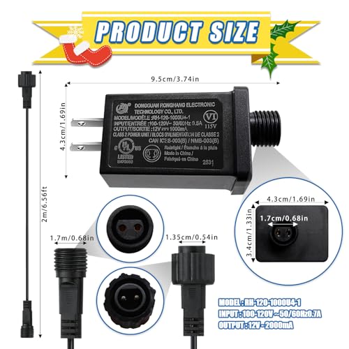 Image of 12V 12W Low Voltage Transformer with Extension Cord Class 2 Power Supply Replacement Yard Inflatable Adapter Model RH-120V1000U4-1 Waterproof Ip44 US Plug for Christmas String Light Decorations