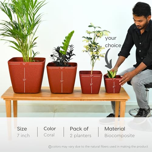 Image of Eha Set of 2 Earth-Friendly Daisy 7 inch Self-Watering pots and Planters | Bamboo Based | UV Protected | for Indoor, Home Decor, Outdoor, Balcony & Garden | Coral