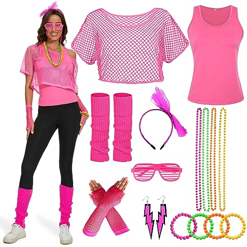 【Unica combinazione di colori al neon】: Questo Ulikey 80s feste in costume al neon ha una brillante combinazione di colori al neon, rosa e verde due diversi stili di colore sicuramente andare grande con feste a tema retrò, quattro braccialetti alla moda retrò e collane, ti permettono di essere il focus più luminoso nella folla.