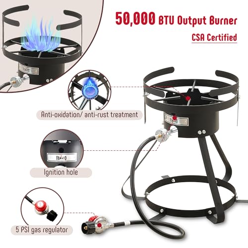 Image of Feasto 10 Qt Outdoor Propane Gas Fish Fryer Pot Kit with Strainer Basket | Aluminum, 50,000 BTU Burner, Adjustable 0-5 PSI Regulator, Perfect for Boiling and Frying
