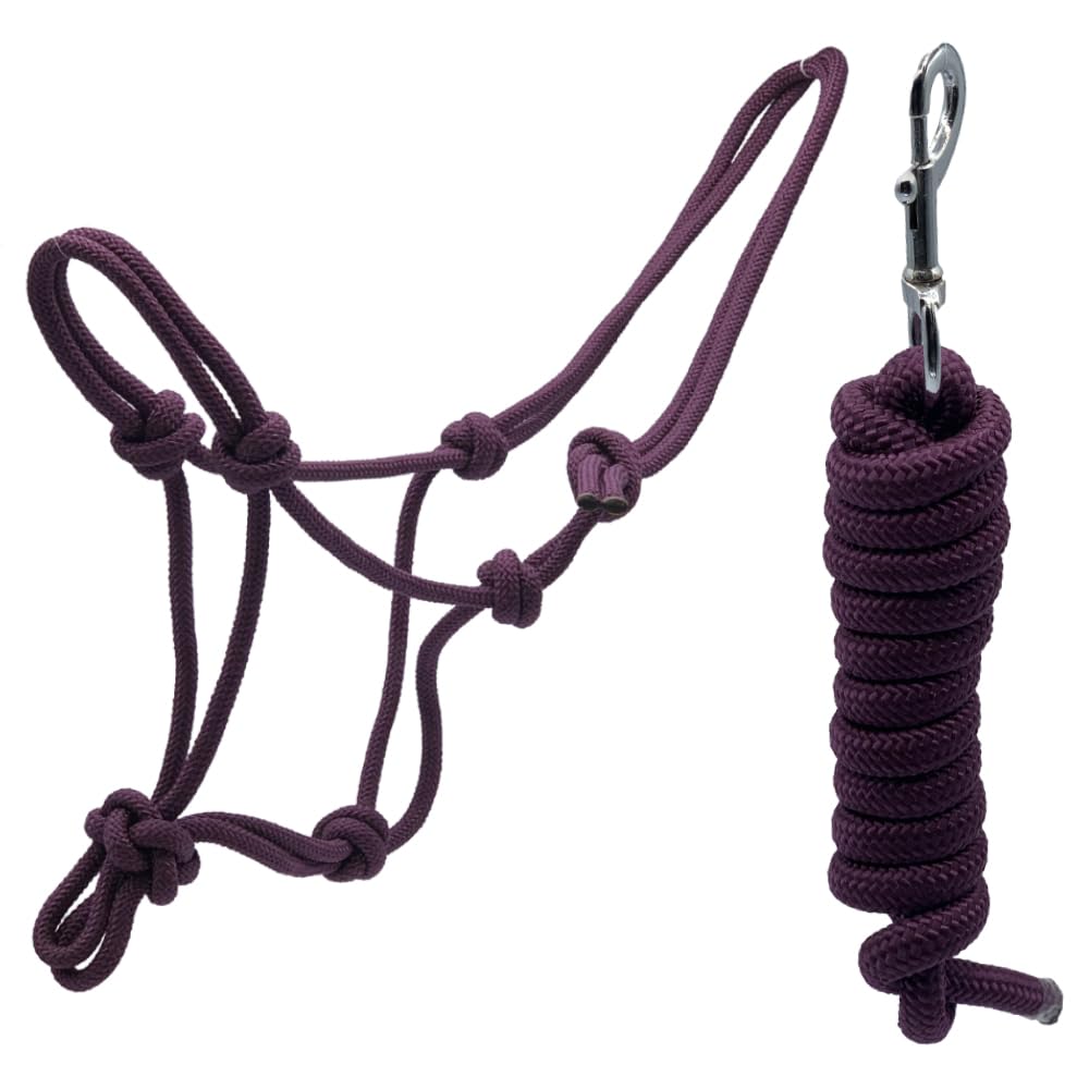 Horse Rope Halter Stiff Polyester Training Halter With Matching Lead Rope For Horses Multiple Sizes Available (Pony, Burgundy)
