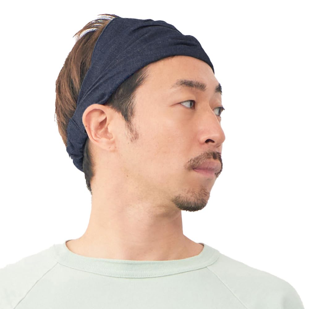 Japanese Denim Headband for Men & Women, 100% Cotton Head Scarf Hair Bandana, Hand-dyed Boho Jean Bandeau for Daily Fashion Indigo M