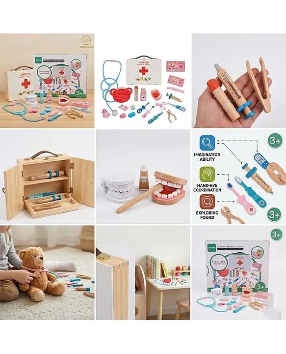 Image of Wooden Doctor Kit for Kids - Pretend Play Dentist & Medical Toy Set with Storage Cabinet, Educational Learning & Role Play Gift for Boys & Girls (Age 3+)