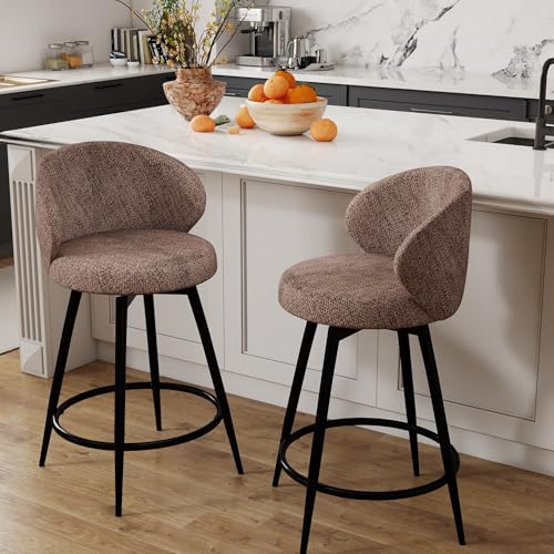 Image of 360 Swivel Modern Bar Stool Set of 2, 26 inch Upholstered Counter Height Bar Stools with Wingback, Soft Linen Fabric, Counter Chairs with Arm for Kitchen Island or Home Bar, Brown