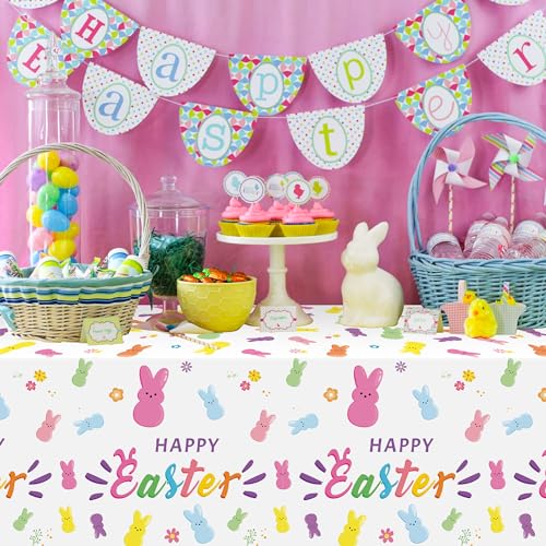 Image of Easter Bunny Peeps Tablecloth - 3 Pack Happy Easter Tablecover Decoration Set Colorful Rabbits Plastic Disposable Rectangle Waterproof Table Covers Hello Spring Party Picnic Dinner Decor
