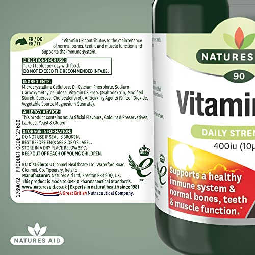 Natures Aid Vitamin D3 10µg (400IU) – High Strength Vitamin D Supplement – Supports Bones, Muscles & Immunity – Vegan, Gluten-Free, Non-GMO – 90 Tablets – Essential Daily Nutrient - Image 6