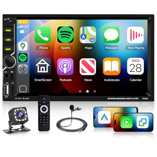 Hodozzy Radio para Coche 2 DIN con CarPlay Inalambrica Android Auto, Estéreo Coche 2 DIN con Pantalla Táctil 7 Pulgadas con Bluetooth, Mirror Link, Reproductor Multimedia Radio FM, EQ USB/AUX, Cámara