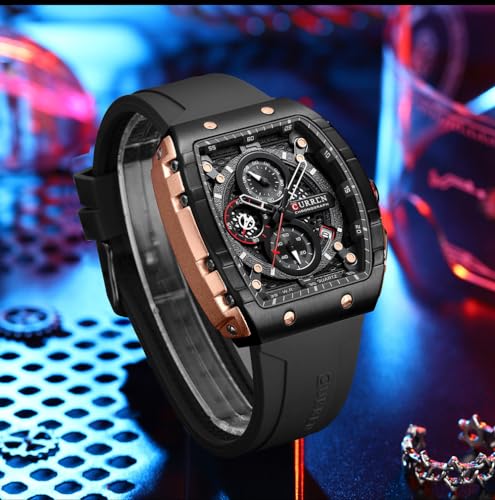 Image of PASOY Luxury Chronograph Watches for Mens Rubber Strap Black Waterproof Date Analog Quartz Watch