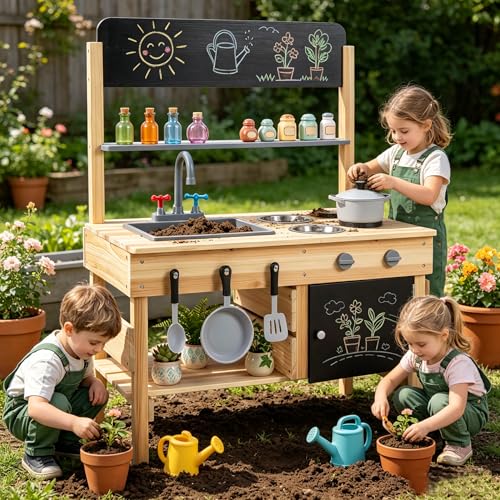 Image of HONEY JOY Mud Kitchen, Fir Wood Outdoor Play Kitchen for Toddlers, Storage Cabinet, Chalkboard, Cooking Accessories, Pretend Play Montessori Children Backyard Furniture for Garden Patio, Natural
