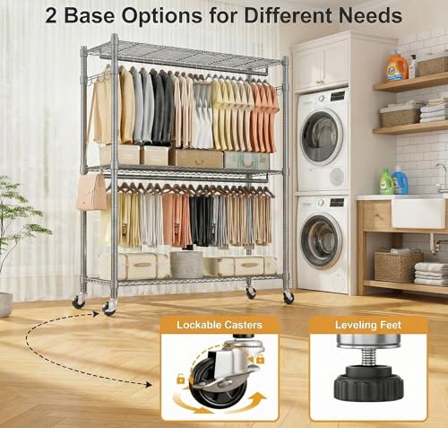 Image of Homdox Rolling Clothes Rack Heavy Duty, 3-Tier Adjustable Wire Shelving Garment Organizer with Double Rods & Hooks, Portable Clothes Rack with Wheels, 17.72 inch D x 47.24 inch W x 80.71 inch H, Grey