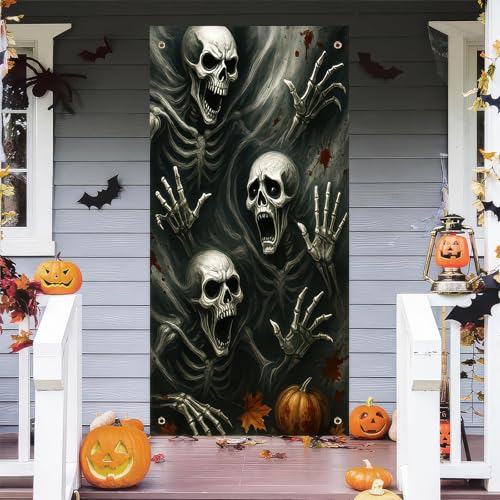 Image of BlissYard Door Cover Halloween Skull Spirits 35 x 71 Inch | Polyester, Skull Spirit Forest Design, Haunted House Door Decor, Porch, Wall, Party and Photo Backdrop Display