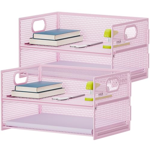 Marbrasse 2 Tier Paper Organizer Letter Tray, Mesh File Organizer with Handle, Paper Sorter Desk Organizer for Home Office Supplies - 2P Pink
