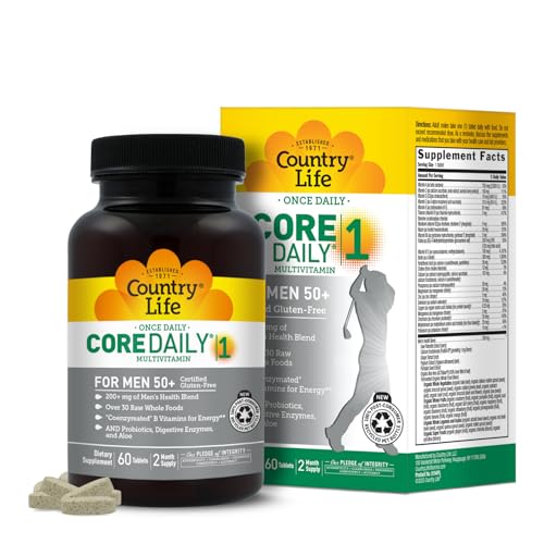 Country Life CORE Daily-1 Multivitamin for Men 50+ - Gluten-Free, Energy Support with Coenzymated B Vitamins, Probiotics, Whole Food and Digestive Enzymes, Certified Gluten Free, 60 Tablets