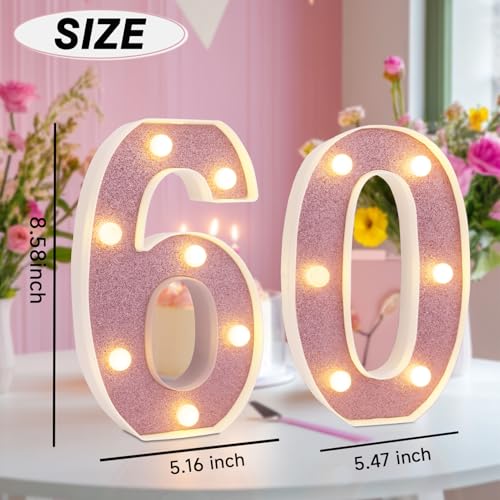 Image of Led Light Up Numbers, 60th Birthday Decorations, Marquee Numbers Lights, Battery Powered Light Up Sign for 30 Decor Party (Pink Glitter)