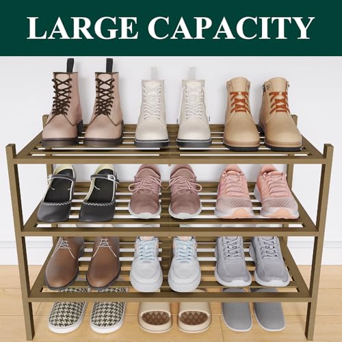 Image of Smiry Bamboo Shoe Rack, 5 Horizontal Slats, 3 Tier - 26.8 inch Wide, Walnut