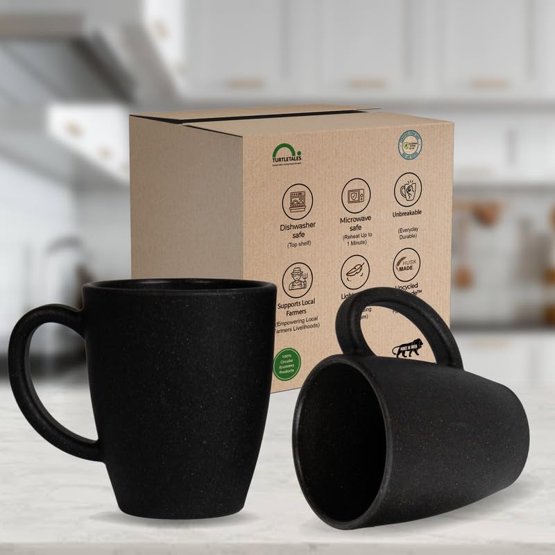 VintageBrew Coffee Mug | Eco-Friendly Coffee Mug | Rice Husk Mug | 300ml | Mugs for Gift | Reusable & Microwave Safe | Perfect for hot & Cold | Unbreakable | Set of 2, Midnight Black