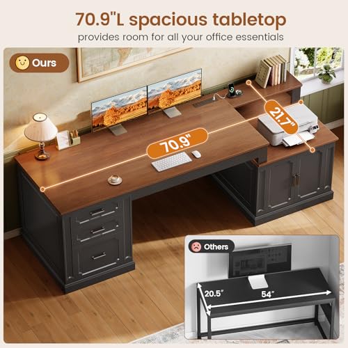 Image of SEDETA Farmhouse 70.9 inch Executive Desk, Home Office Desk with File Drawers and Storage Cabinet, Computer Desk with Power Outlet for Home Office, Work Study Writing, Black+Brown