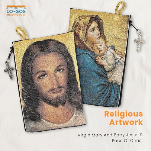 Image of Catholic Rosary Pouch, 4 inch x 6 inch Jewelry & Coin Purse with Cross, Small Woven Tapestry Icon Bag, Bolsa de Rosario Catolico para Joyeria, Virgin Mary and Baby Jesus & Face of Christ, 4 inch x 6 inch