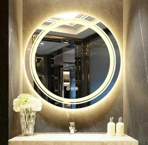 Image of Round LED Bathroom Mirrors with Three Color temperatures and 3D Edge Lighting for Bathroom Walls Dimmable Memory Function with Front and Backlighting Anti-Fog Features.
