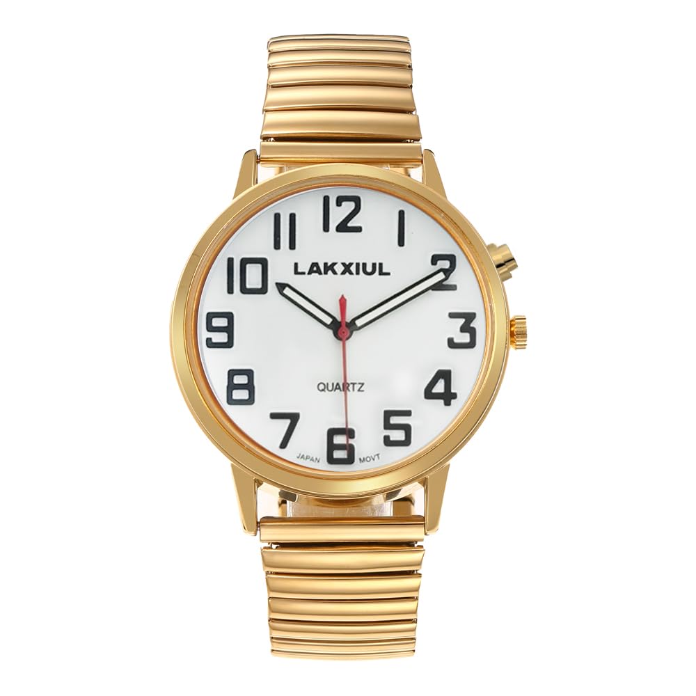 Reloj parlante inglés con números grandes, anuncio de hora y fecha, correa telescópica de acero inoxidable, reloj despertador (GT81)