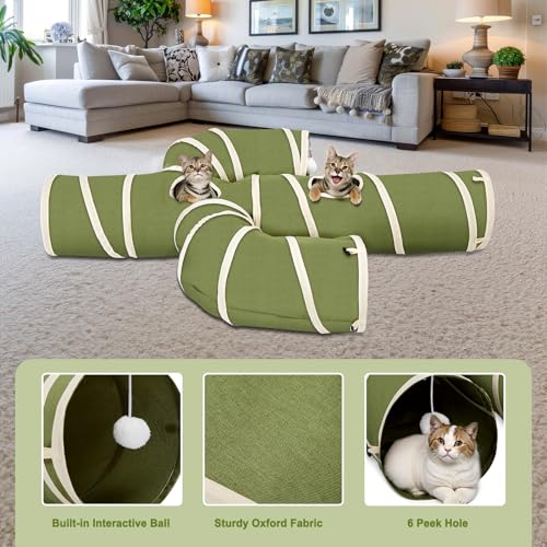 Image of Ownpets Cat Tunnel Large 12 inch Diameter, Cactus-Shaped Cat Tunnel Toy, Sturdy Oxford Fabric Collapsible Cat Tunnels for Indoor Cats, Interactive Peek Hole Pet Tunnel Tube with Cat Wand Toy, Green