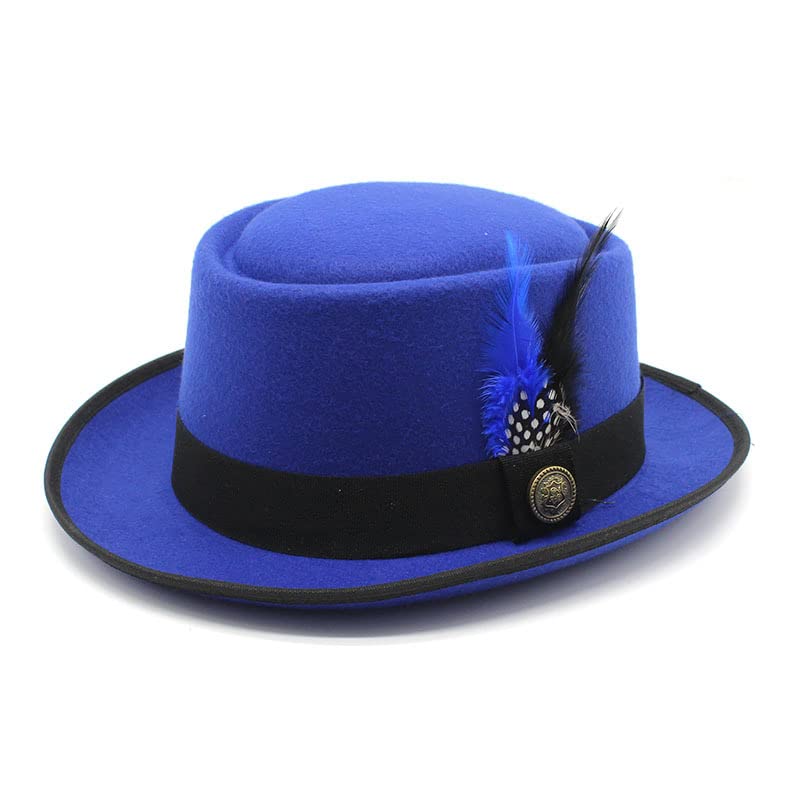 TAHALI RZL Chapeau Melon Chapeau Haut de Forme en Laine d'automne et d'hiver, Chapeau Haut de Forme Rond en Laine, Chapeau de Jazz for Homme avec Plume Noire et Bleue (Couleur : Bleu)