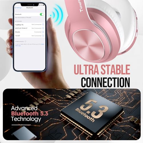 Image of TuneFlux T6 Bluetooth Over Ear Headphones, 80 Hours Battery Life, 3 EQ Modes, HiFi Stereo, Built-in Microphone, Foldable, Pink Gold