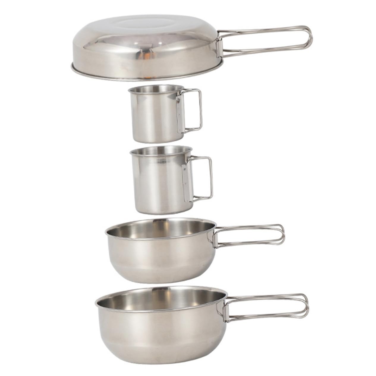 Didiseaon 5 pièces Set Vaisselle Camping Acier Inoxydable Tasse et Casserole avec Fond Plat Antichoc Poignée Pliante pour Randonnée Pique- et Activités Plein Air