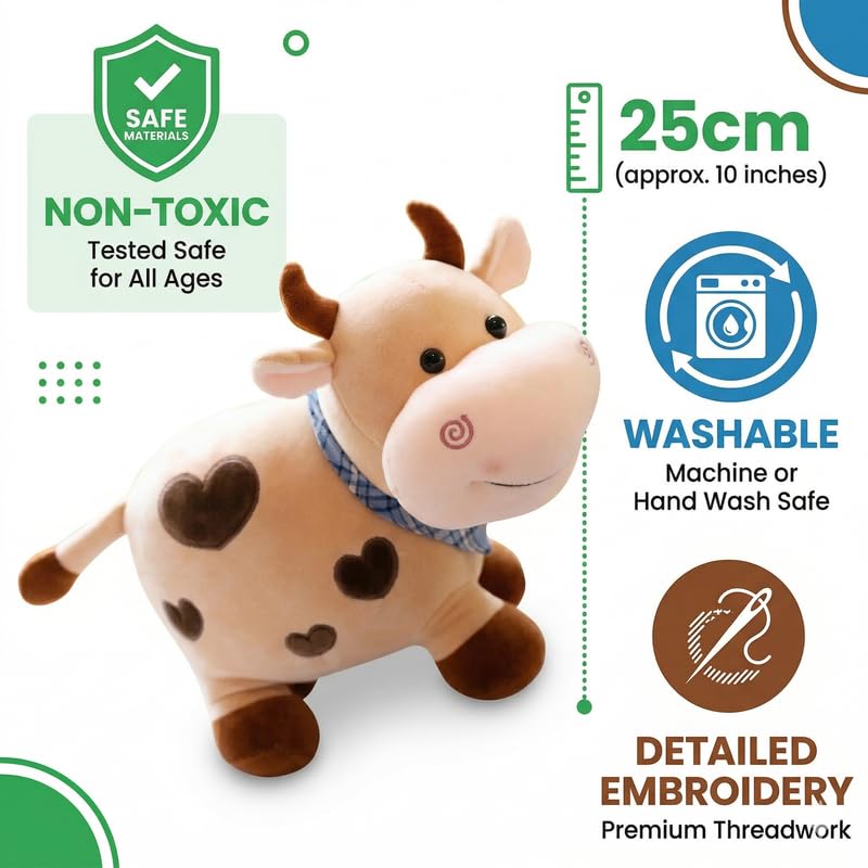 Image of HUG 'n' FEEL SOFT TOYS Brown Cow Soft Toy Plush Stuffed Animal - Lightweight Cute Huggable Cow Doll for Kids, Babies & Girls | Birthday Gift & Room Decor