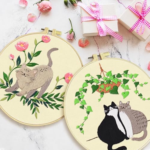 ERKOON Embroidery Kit for Beginners, Art Craft Handy Sewing Set Cross Stitch Starter Kits, DIY Embroidery Kits with Patterns and Instructions Hoops Needles Threads(Cat) - 2