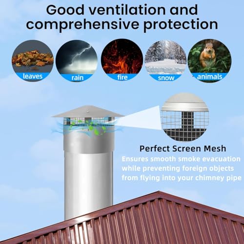8 Inch Round Chimney Cap, Cone Top Chimney Cap with Screen, Galvanized Steel Fireplace Exhaust Cap, Outside Roof Rain Cap, Exterior Stove Pipe Cap, Easy Installation, Silver