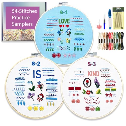 Image of Sutesloly Embroidery Kit for Beginners Adults, 3 Sets Learn to Floral Patterns Simple Starter kit for Beginners, 54 Stitches Easy Practice Kit, 7.8inch Hoop, Hand DIY Craft Gift for Women