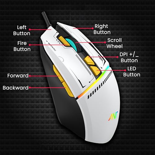 Image of Ant Ghost 50 RGB Gaming Mouse with12800 DPI Wired Optical Gamer Mouse with 8 Programmable Buttons & Software Support DIY Key Binding Fast Fire Button 1KHz Polling Rate - White
