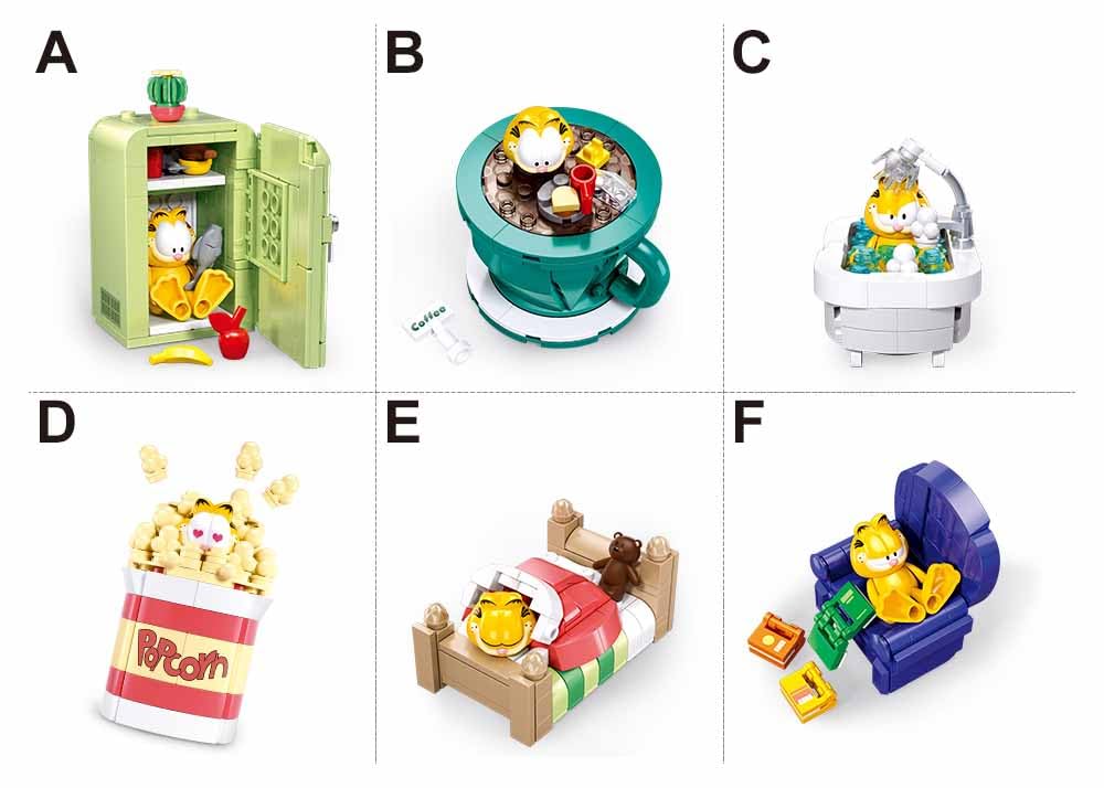 Sluban Garfield - Scatola espositiva, 6 scene da costruire, statuette Garfield a tema Nickelodeon, plastica ABS