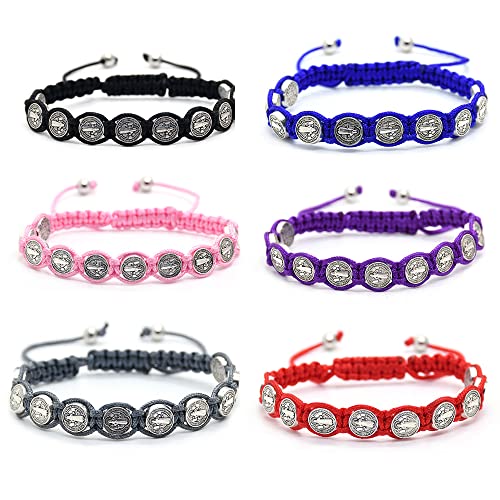 Fuqimanman2020 6pcs Saint Benedict Medal on Adjustable Cord Wrist Bracelet Set Cross Mary Virgin Saint Jude for Women Men Evil Protection Prayer Rosary Catholic Religious Jewelry