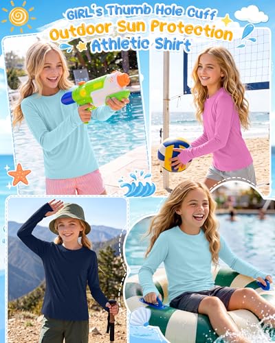 Image of 3 Pack Girls' Rash Guard Swim Long Sleeve Shirt UPF 50+ UV Sun Protection Quick Dry Tee with Thumb Holes 5-14Y