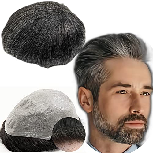 Protesi Capelli Uomo Yanahair Toupee per Uomini Parrucchini Parrucca Capelli Veri Uomo Parrucche 100% Europeo Capelli Umani Veri 0.04mm V-loop PU pelle sottile Toupet (8x10”,#1B40 nero e grigio)