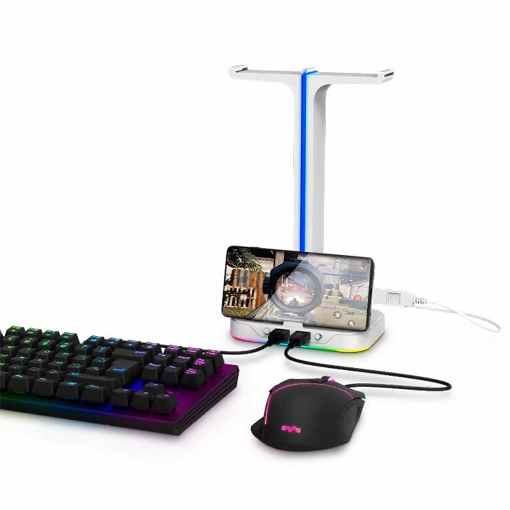 Energy Sistem ES Gaming Headset Stand ESG S3 Duo (Soporte para 2 Auriculares, Dos Puertos USB, 3 Efectos RGB, Base antidelizante, Mobile Game Converter) - Blanco