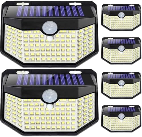 HMCITY 120 LED Outdoor Solar Lights with Motion Sensor and 3 Lighting Modes, IP65 Waterproof Wide Solar Wall Lights Ideal for Garden Patio Yard (6 Packs)